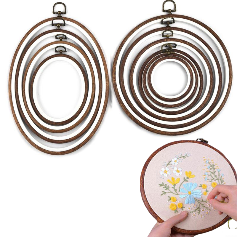 Embroidery Hoop Kit - ชุดวงแหวนปักผ้าพลาสติก 10 ชิ้น รูปทรงกลมและวงรี ลายไม้ สำหรับงานปักครอสติช