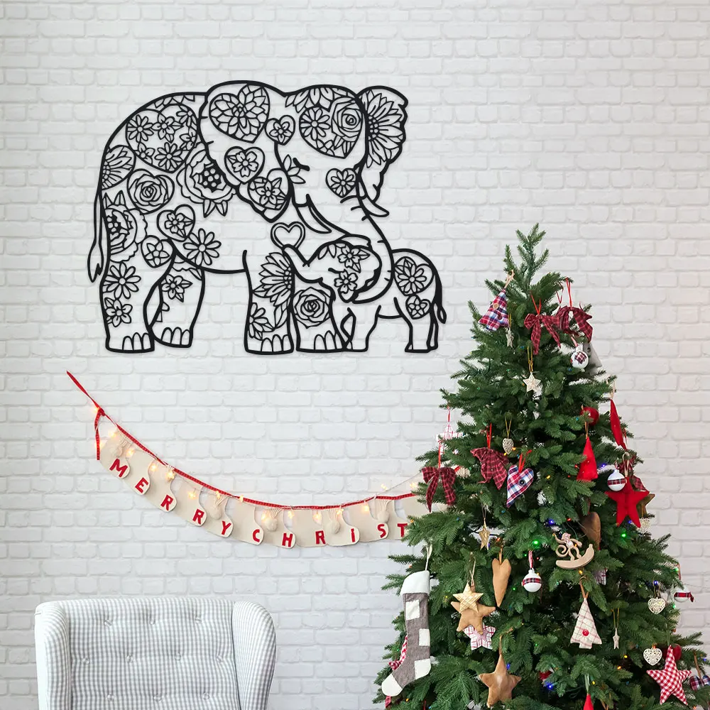 Art Craft Elephant - งานศิลปะติดผนังรูปช้างเหล็กสลักลายหัวใจดอกไม้ งานฝีมือสมัยใหม่ ตกแต่งผนังอย่างมีสไตล์ ศิลปะนามธรรมแบบมินิมอล